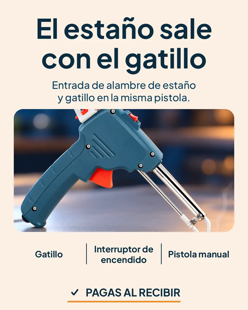 Pistola para soldar con alimentación de estaño: Pistola soldando una placa con el estaño saliendo del tubo