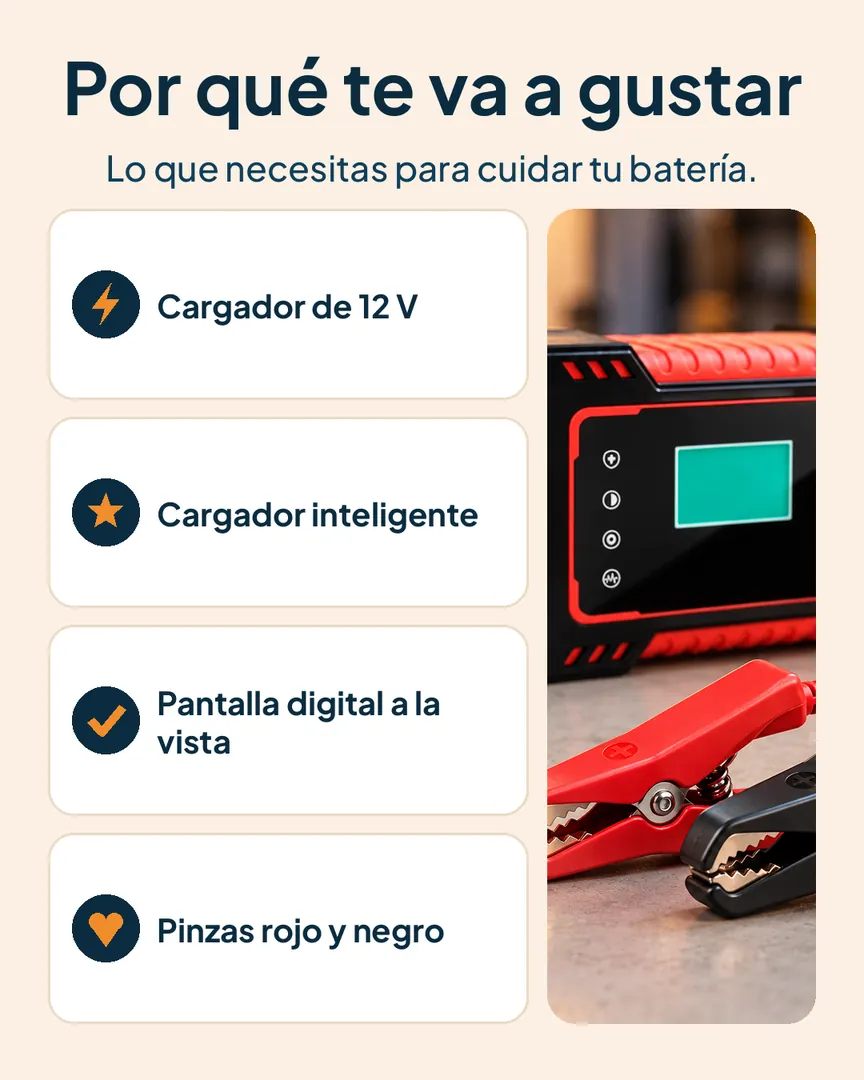 Cargador inteligente 12 V para batería de carro: Cargador de 12 V con sus partes