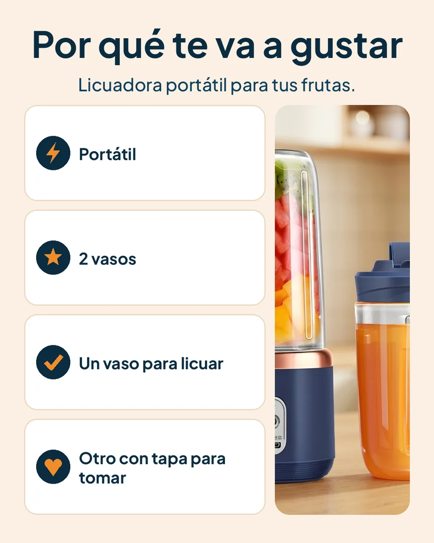 Licuadora portátil con 2 vasos: Vaso para licuar, vaso con tapa y base
