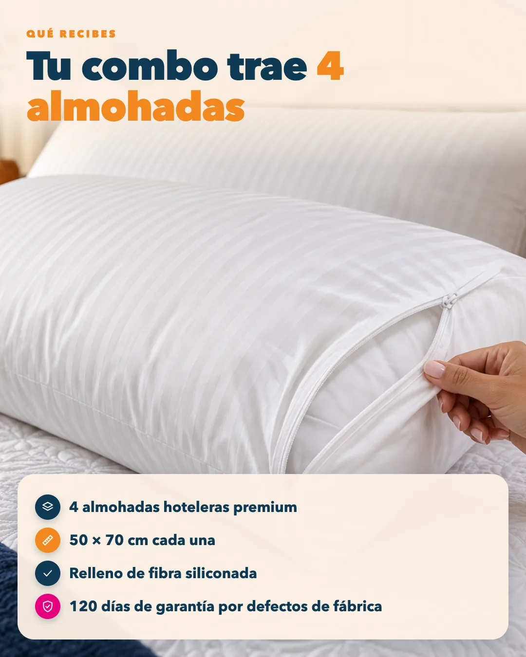 Qué recibes: 4 almohadas hoteleras premium de 50 × 70 cm